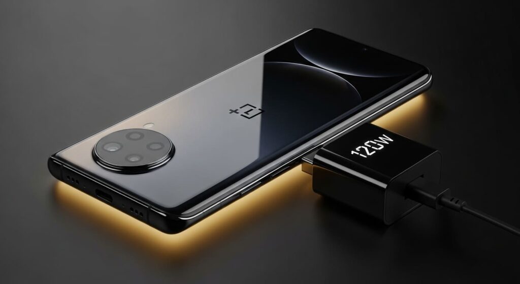 OnePlus 15 Akku-Test: 7.300 mAh Monster mit 120W Laden OnePlus 15 lädt mit 120W USB-C Schnellladegerät – Studioaufnahme des Flaggschiffs mit sichtbarer Wattanzeige, realistische Reflexionen und dunklem Hintergrund