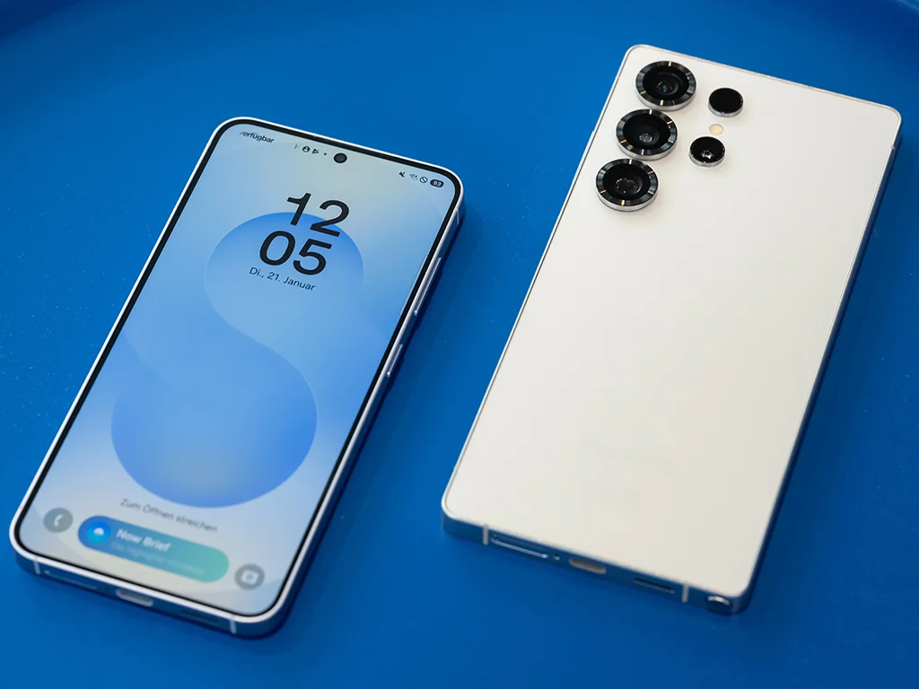 Hochauflösendes Produktfoto des Samsung Galaxy S26 mit edlem Glas-Design, ultradünnem Rahmen und Triple-Kamera-Setup, aufgenommen im Studio mit sanfter Beleuchtung – Symbol für modernes Premium-Smartphone, Leistung und Innovation von Samsung in Deutschland.