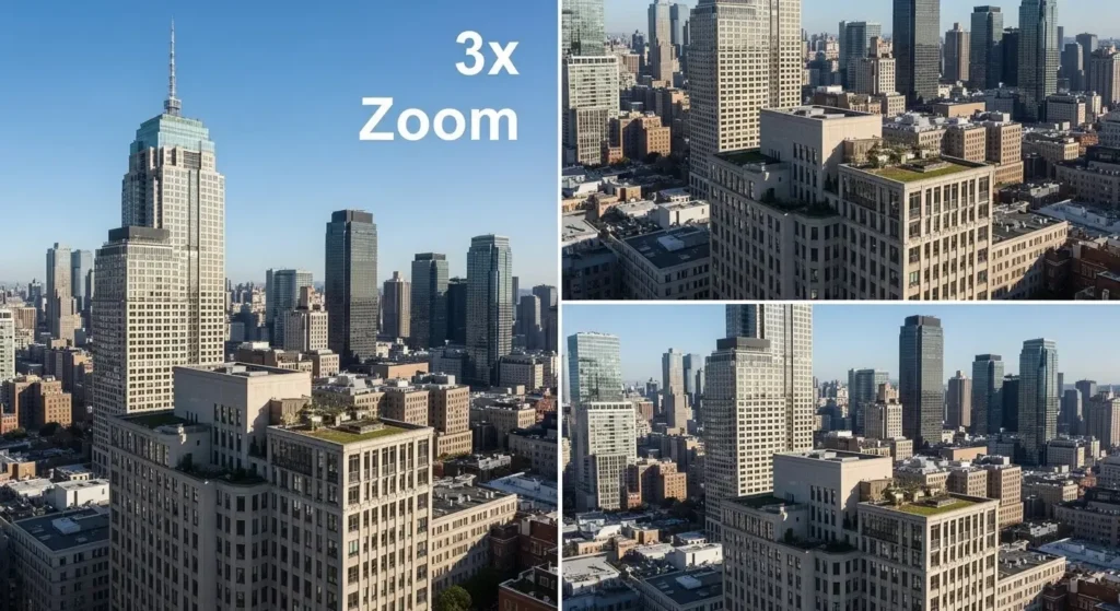 Vergleichsaufnahmen einer Stadtszene bei Tag und Nacht, gezeigt mit 1x- und 3x-Zoom, identischem Bildausschnitt und realistischem RAW-Look – Fokus auf natürliche Farben, Detailtreue und Dynamikumfang – Symbol für den Kamera-Vergleich moderner Smartphones bei unterschiedlichen Lichtbedingungen.