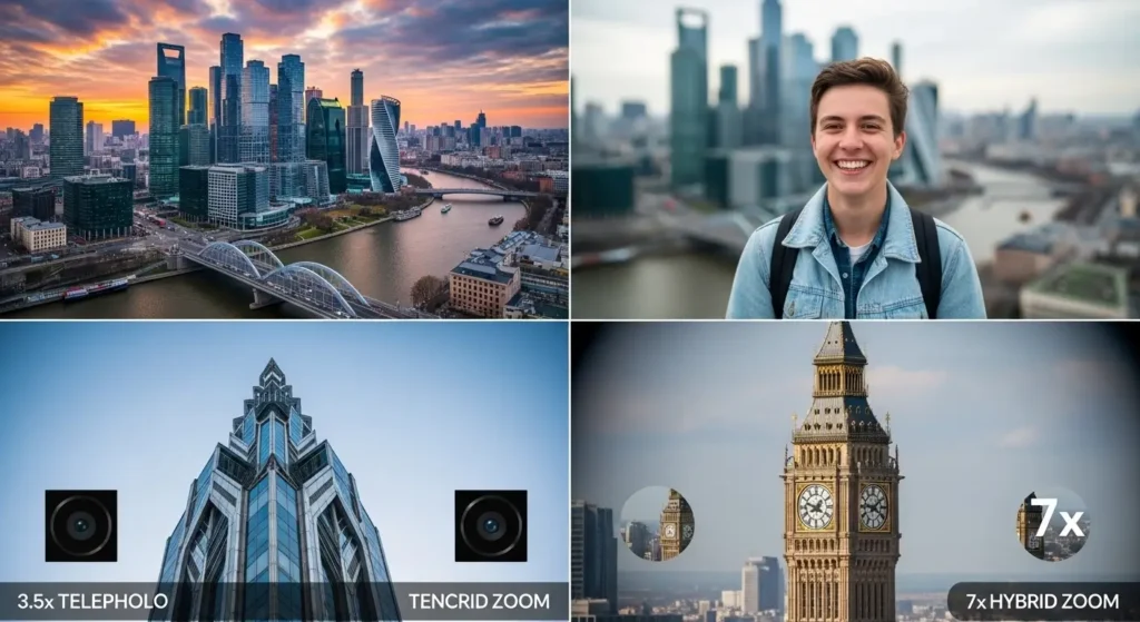 Kamera-Samples-Collage des OnePlus 15 – vier Aufnahmen derselben Szene: Ultraweitwinkel, 1x, 3,5x Tele und 7x Hybrid-Zoom, natürliche Farben, gleichmäßige Belichtung, Darstellung der dreifachen 50-MP-Kamera-Leistung.