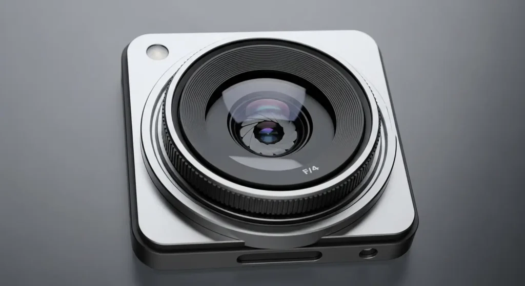 Fotorealistisches Studio-Render eines modernen Smartphone-Kameramoduls mit 35-mm-Ästhetik, neutralem Hintergrund und sanften Reflexionen