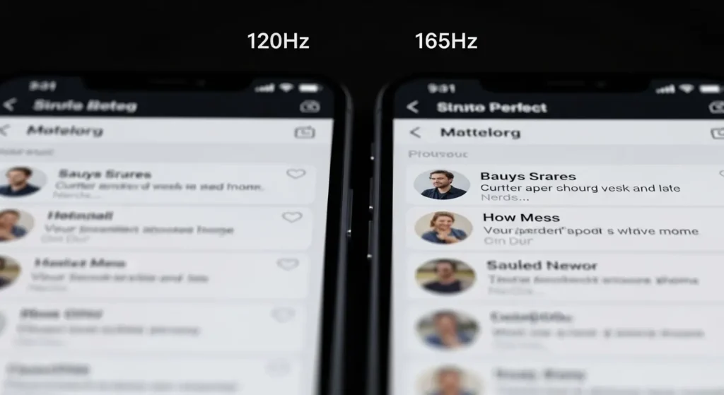 Makroaufnahme von zwei Smartphone-Displays, die den Unterschied zwischen 120 Hz und 165 Hz Bildwiederholrate zeigen – flüssige Scrollbewegung der Benutzeroberfläche, minimalistisches UI, hoher Kontrast und fotorealistischer Look – Symbol für flüssiges Display-Scrolling und Gaming-Performance moderner Smartphones.