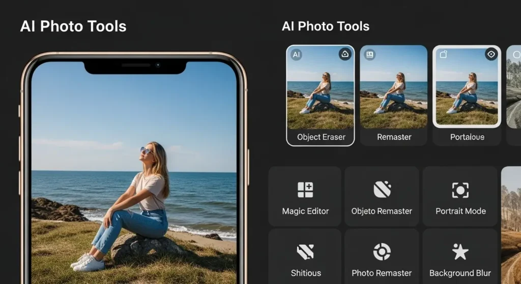Illustration der AI-Features unter One UI 8 mit Galaxy AI – Smartphone-Display zeigt intelligente Assistenten, Live-Übersetzung und Kontext-Empfehlungen, modernes Interface im Samsung-Design – Symbol für künstliche Intelligenz, Produktivität und smarte Software-Integration auf dem Galaxy S25-Serie.