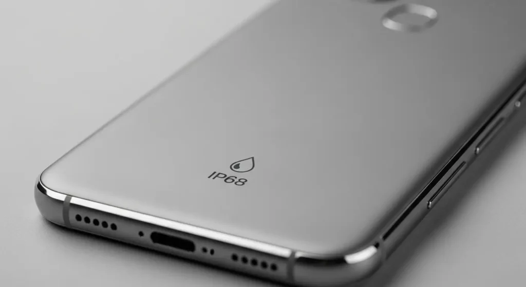 Detailaufnahme des Samsung Galaxy S25 FE Rahmens mit silbernen Akzenten und mattem Glasrücken, ergänzt durch IP68-Symbolik mit Wassertropfen, aufgenommen vor neutralem Hintergrund mit hoher Detailtreue – Symbol für Premium-Verarbeitung, Schutzklasse und elegantes Design moderner Samsung-Smartphones.