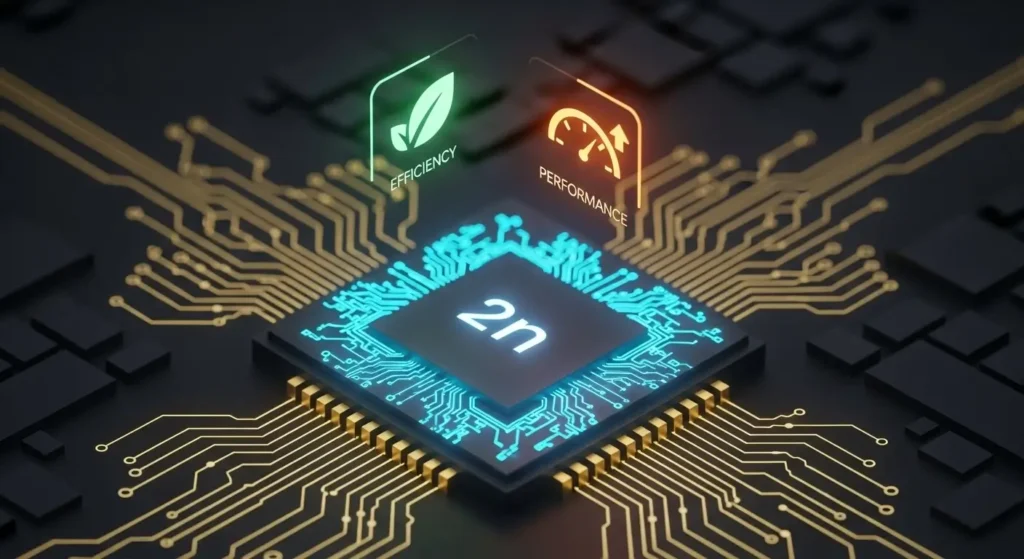Abstrakte 2-nm-Chip-Illustration mit Leiterbahnen und Symbolen für Effizienz und Leistung, isometrisches Design im modernen Tech-Stil