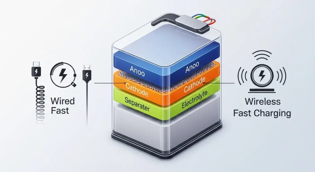 Illustration einer großen Smartphone-Akkuzelle mit Schnelllade-Symbolen für Kabel- und kabelloses Laden, dargestellt im klaren Infografik-Stil mit modernen Farben – Symbol für leistungsstarke Batterie, Fast-Charging-Technologie und Energieeffizienz moderner Smartphones.