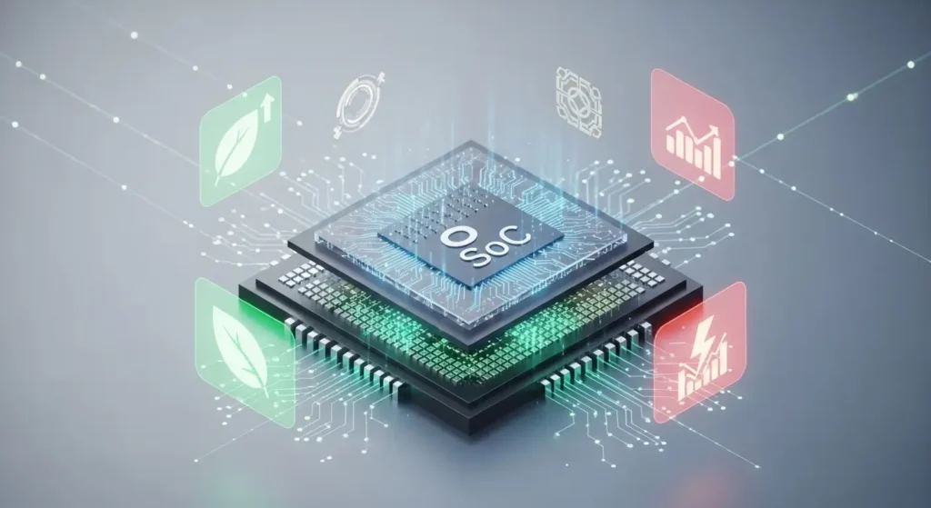 Isometrische Illustration eines 2026-Elite-Mobile-Chips mit leuchtenden Leiterbahnen und Symbolen für Effizienz und Leistung im modernen Tech-Design