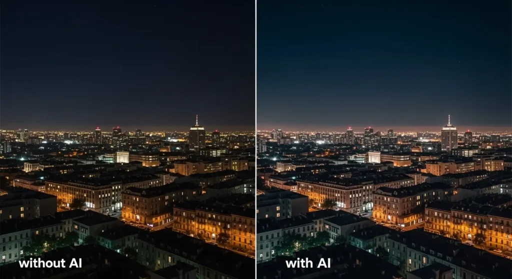 Nachtaufnahme einer Stadt im Split-Screen-Vergleich ohne und mit KI, verbesserte Rauschreduzierung und Dynamikumfang, realistische cineastische Beleuchtung