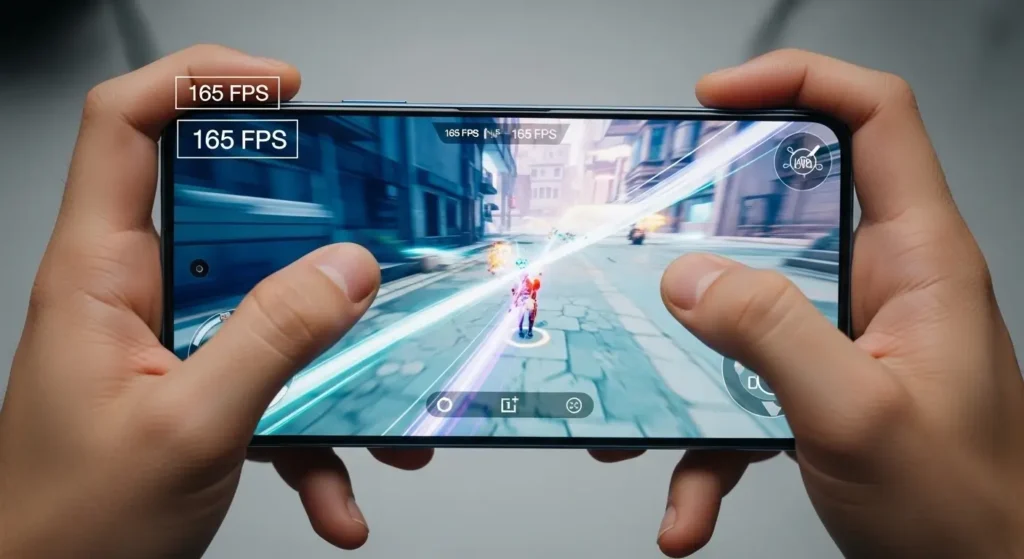 B-Roll-Szene: Hände spielen ein schnelles Mobile-Game auf dem OnePlus 15, flüssige 165-Hz-Animationen, sichtbar eingeblendeter FPS-Zähler, dynamische Bewegungen.