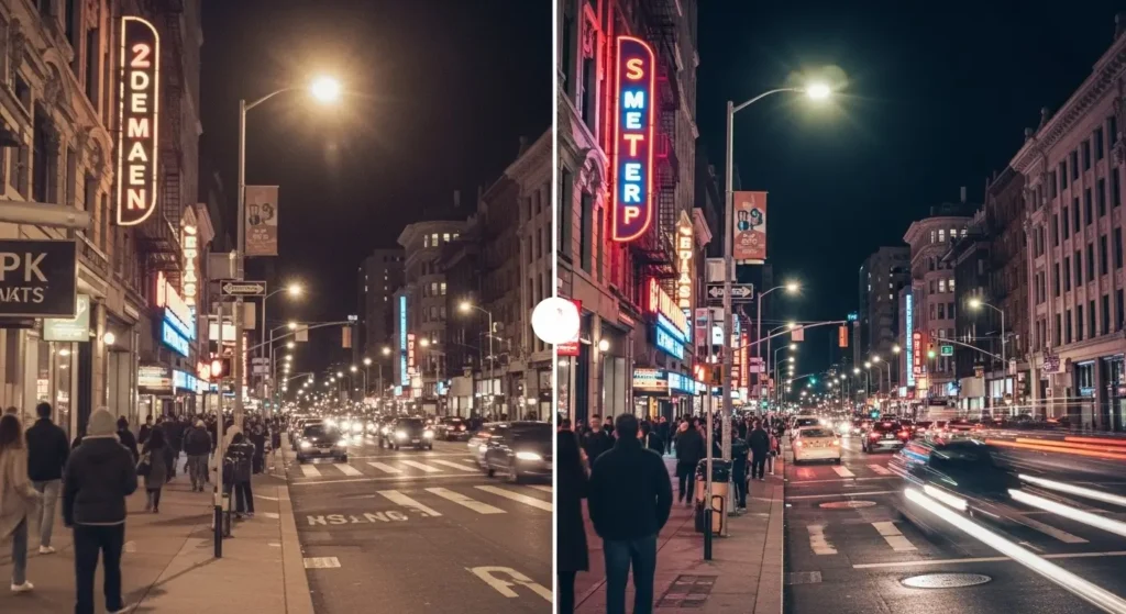 Geteilte Low-Light-Straßenszene bei Nacht in zwei Varianten – eine mit wärmerem, die andere mit kühlerem Farbton –, Fokus auf Bewegungsdynamik und Bildstabilisierung, mit ausgeglichenen Lichtern und Schatten, fotorealistischer Look im Split-Screen-Vergleich – Symbol für Kamera-Performance und Stabilisierung moderner Smartphones.