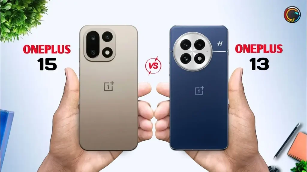 OnePlus 15 vs. OnePlus 13 im Direktvergleich: Design, Displayränder und Kameramodule nebeneinander, klare Unterschiede der beiden Generationen, neutrale Studioausleuchtung.
