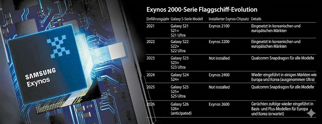 Konzeptdarstellung des Samsung Galaxy S26 mit Fokus auf den kolportierten Unterschieden in der Chip-Verteilung zwischen Exynos und Snapdragon