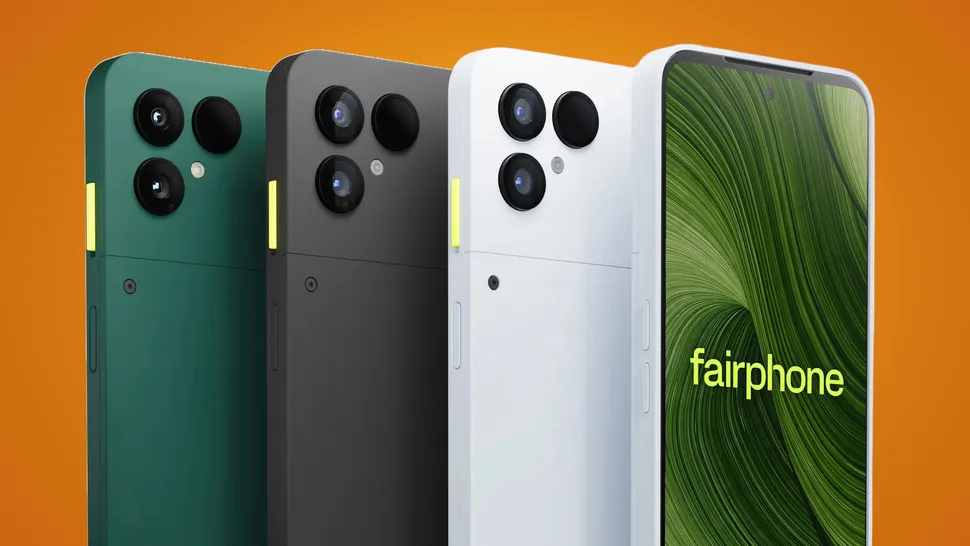 Vorderansicht des Fairphone 6 mit 120Hz OLED Display, das dünnere Ränder als der Vorgänger zeigt. Das nachhaltige Smartphone liegt auf einem Holztisch