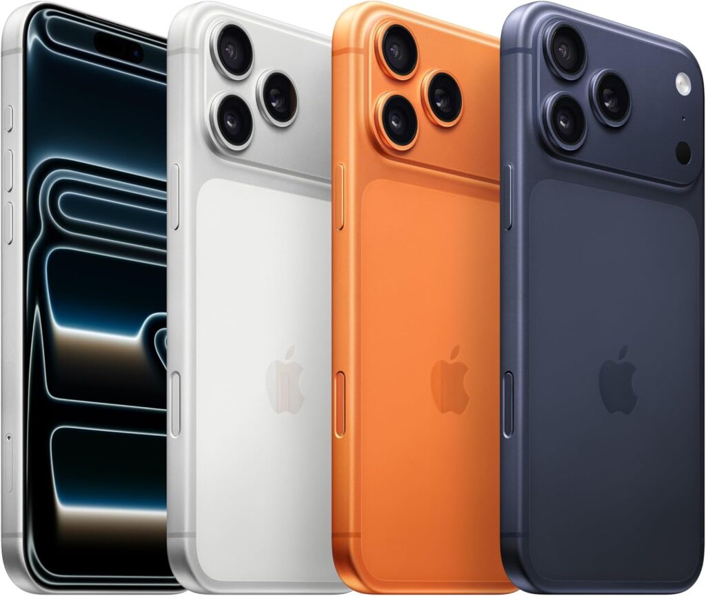 Vorder- und Rückseite des Apple iPhone 17 Pro Max in der Farbe Titan Schwarz. Zu sehen ist das neue Triple-Kamera-System mit 48 MP und das randlose 6,9 Zoll Display.
