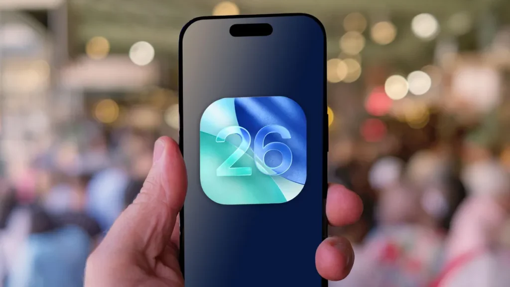 Konzeptgrafik zur Design-Evolution von iOS 26.3 mit „Liquid Glass 2.0“-Look und Glas-Effekt.