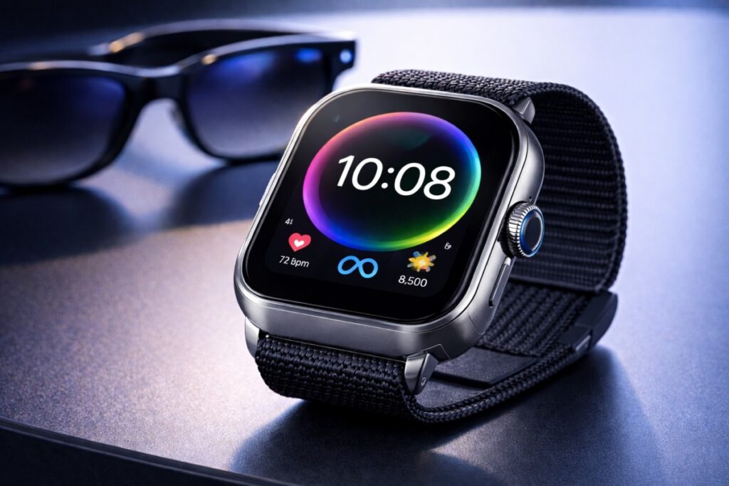 Nahaufnahme der neuen Meta Smartwatch 2026, die als zukünftiger Konkurrent für Apple und Samsung auf den Markt kommen soll.