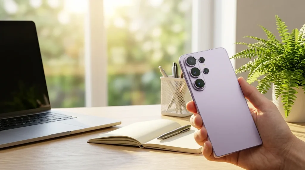  Detaillierte Ansicht der 200-Megapixel-Hauptkamera und der Tele-Objektive des neuen Samsung Galaxy S26 Ultra.