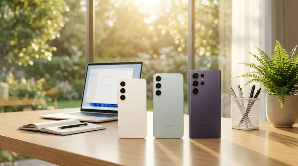 Das Samsung Galaxy S26 Ultra mit integriertem S Pen und aktiviertem DeX-Modus für produktives Arbeiten am Monitor.