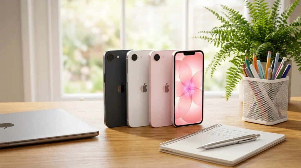 iPhone 17e: 599 € mit 256 GB – Samsungs Albtraum? Apple iPhone 17e in Soft Pink, Schwarz und Weiß – offizielles Produktbild 2026