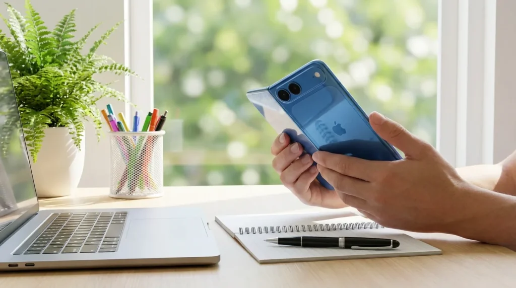 Geleaktes 3D-CAD-Rendering des iPhone Fold 2026 zeigt Scharnier, Kameraplateau und abgerundete Ecken im Book-Style-Design.