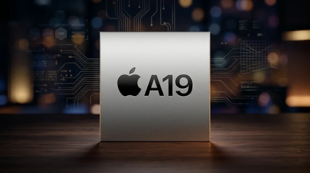 Infografik zum Apple A19 Chip und C1X Modem für schnellere 5G-Verbindungen und höhere Grafikleistung im iPhone.