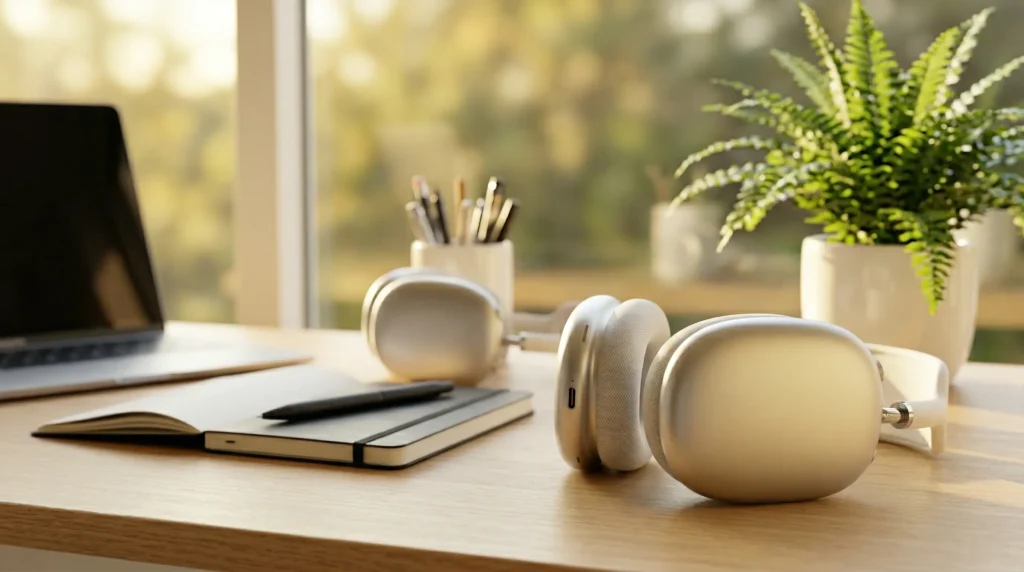 Apple AirPods Max 2 Seitenansicht – Aluminiumohrmuschel und Metallbügel Detail