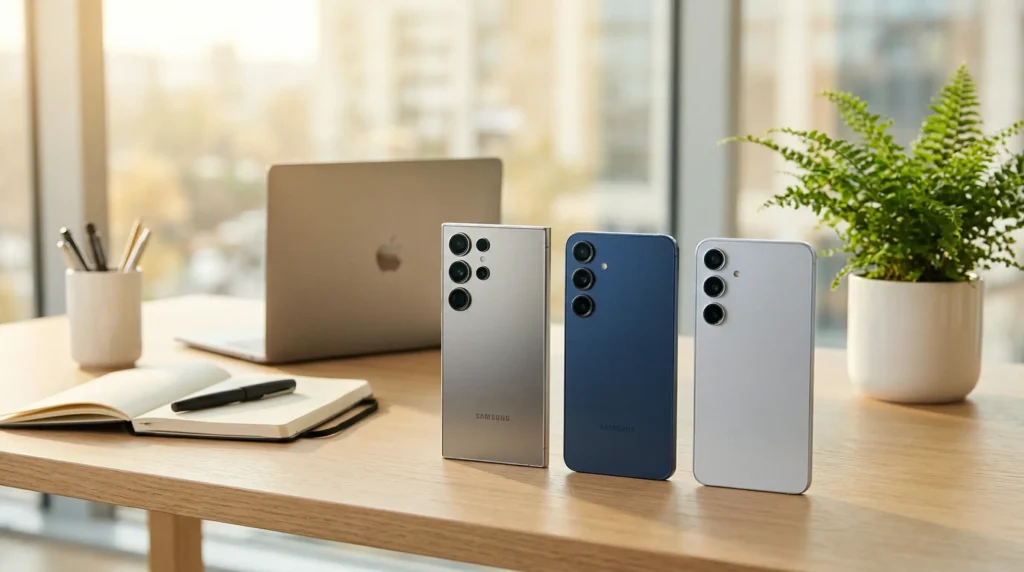 Die Rückseite des kompakten Samsung Galaxy S26 zeigt die neue Kamera-Insel und das hochwertige Aluminium-Design.